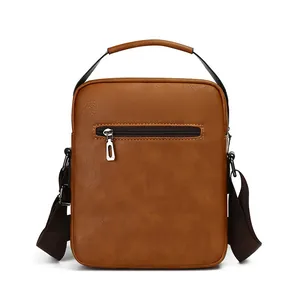 Men's retro brown shoulder bag with adjustable strap and top handle in vertical design