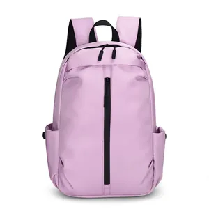 Minimalist light purple travel backpack with front vertical zipper and side pockets