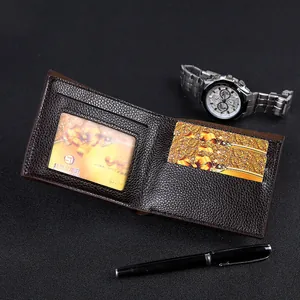 Deep brown litchi pattern leather wallet for men with card slots and photo window