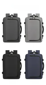 Collage of four minimalist business backpacks in grey, black, and blue with USB port
