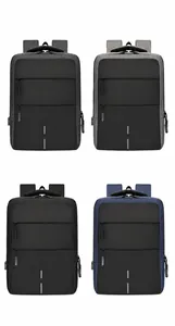 Waterproof oxford backpack showing four color options with built-in USB charging port detail