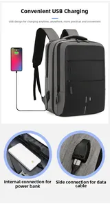 Detail of laptop backpack showing side USB port and internal power bank connection