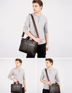 Sacoche business marron foncé en cuir grainé avec logo kangourou et bandoulière amovible