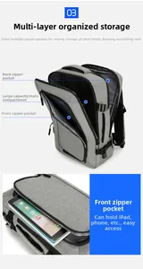 Detail view of multi-compartment laptop backpack with dedicated iPad and phone storage