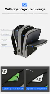 Detail view of multi-compartment interior and USB port on waterproof oxford business backpack