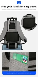 Detail of grey travel backpack with luggage strap and hidden card pocket on shoulder strap