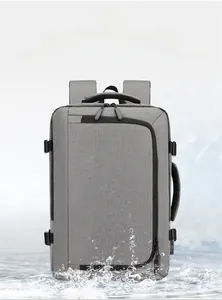 Waterproof business backpack showing splash-proof gray fabric and rain protection feature