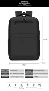 Detailed view of waterproof black business backpack showing size 43x30x25cm and texture