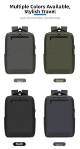 Business backpack detail showing gray, green, black and blue colors with USB charging port