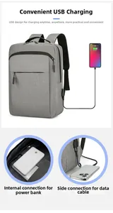 Detail of gray laptop backpack with external USB charging port and internal connection cable