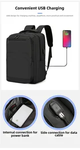 Detail view of the waterproof business backpack featuring side USB charging port and cable