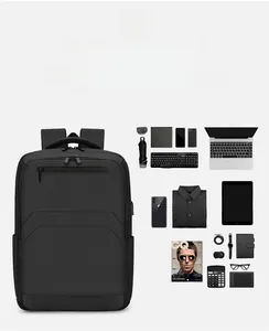 Macro view of business backpack interior showing large capacity storage for laptop and gear