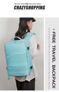 Vista lateral de la mochila de viaje verde menta de gran capacidad con cremalleras