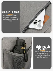 Détails de la poche zippée et du filet latéral élastique d'un sac isotherme gris élégant