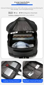 Macro view of water-resistant business backpack interior showing large capacity storage