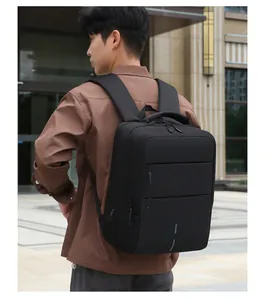 Close-up of waterproof Oxford business backpack with reflective strip and USB charging port