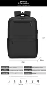 Detail view of water-resistant black laptop backpack with dimensions 30x43x23cm and 0.81kg weight