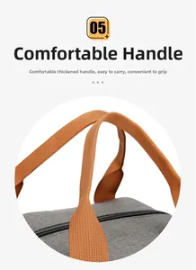 Détail de la poignée en nylon orange et du tissu gris texturé du sac à déjeuner