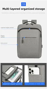 Detail view of grey business backpack with multi-layer storage for tablet and phone