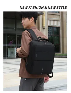 Detail view of black waterproof oxford backpack with side USB charging port for commuting