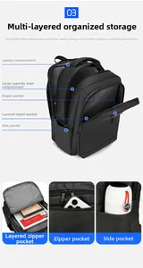 Detail view of the multi-compartment interior and organized storage of the black business backpack