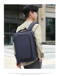 Detail view of navy blue business laptop backpack showing side buckles and reinforced straps