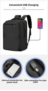 Detail of waterproof business backpack showing external USB charging port and internal connection