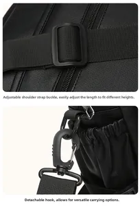 Detail of adjustable strap buckle and detachable metal hook on waterproof briefcase