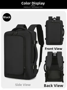 Detailed views of the black waterproof laptop backpack including front and rear mesh padding