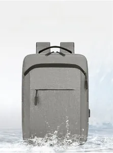 Detail of gray 16 inch laptop backpack with waterproof splash and external USB port