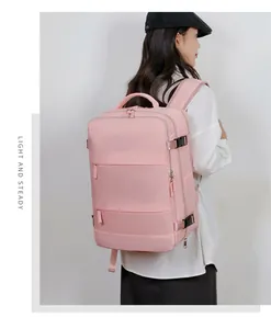 Mochila de viaje rosa impermeable con almacenamiento multicapa y correas de ajuste
