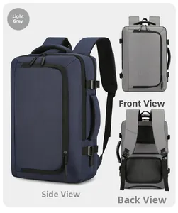 Front, back and side views of business laptop backpack in navy blue and light grey