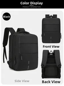 Detail of black waterproof Oxford backpack showing USB port and breathable back panel