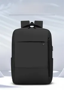Detail of waterproof black business backpack with external USB charging port and side pocket