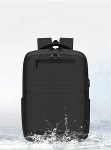 Waterproof detail of a black business backpack showing water resistance and splash-proof fabric