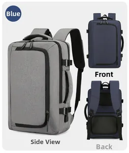Detailed views of multifunctional gray and blue business backpacks with padded back straps