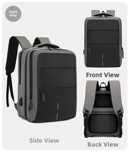Multiple views of light gray waterproof laptop backpack with side USB charging port