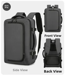 Detail view of dark gray backpack featuring breathable mesh back and luggage strap