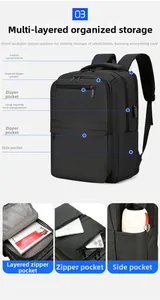 Detail view of the multi-compartment interior and waterproof fabric of this black business backpack