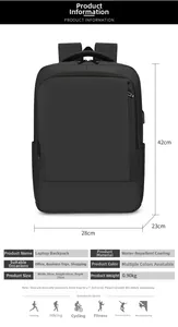 Front view of black business laptop backpack showing dimensions 28x42x23cm and 0.9kg weight