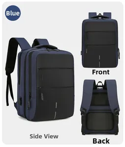 Waterproof oxford business backpack with USB port, showing front, side and back views