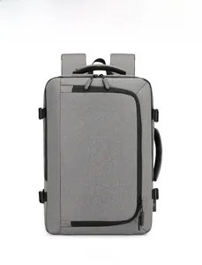 Front view of grey water-resistant business backpack with buckles and laptop compartment
