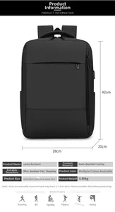 Detail view of black business laptop backpack showing dimensions 28x42x20cm and features