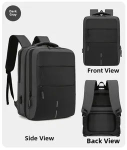 Detail view of charcoal gray waterproof laptop backpack showing front, back, and USB port