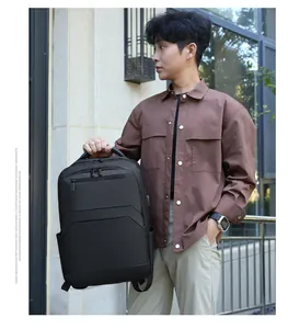 Close-up of black waterproof business backpack featuring ergonomic straps and side pockets