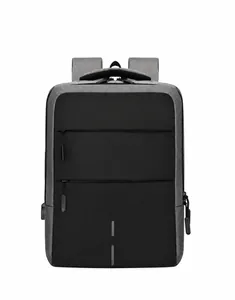 Front detail of oxford fabric laptop backpack with dual zippers and USB charging port