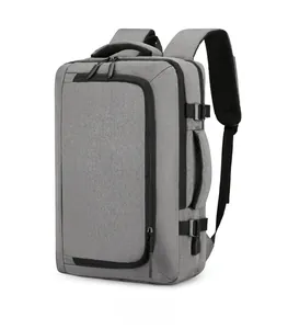 Detail view of the light grey business laptop backpack with mesh straps and side handle