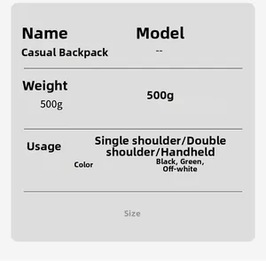 Detailed specs of the 500g waterproof backpack showing versatile carrying options