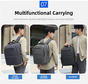 Three-way carrying modes for expandable business laptop backpack in dark gray