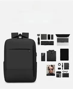 Detail view of high-capacity business backpack with organized laptop and office essentials